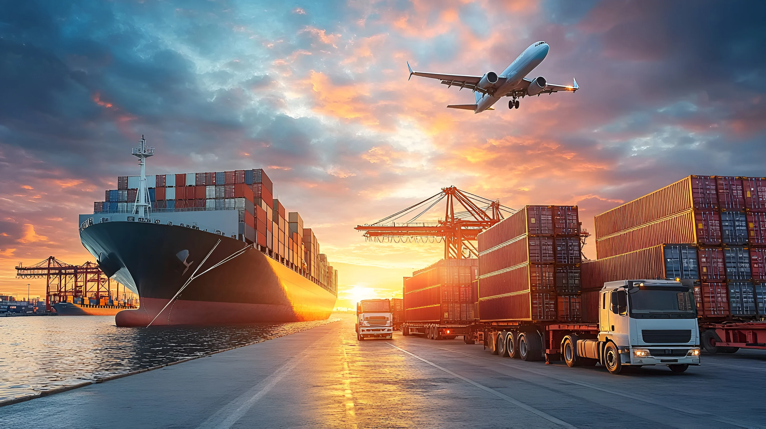 Imports and exports management with container ship and port
