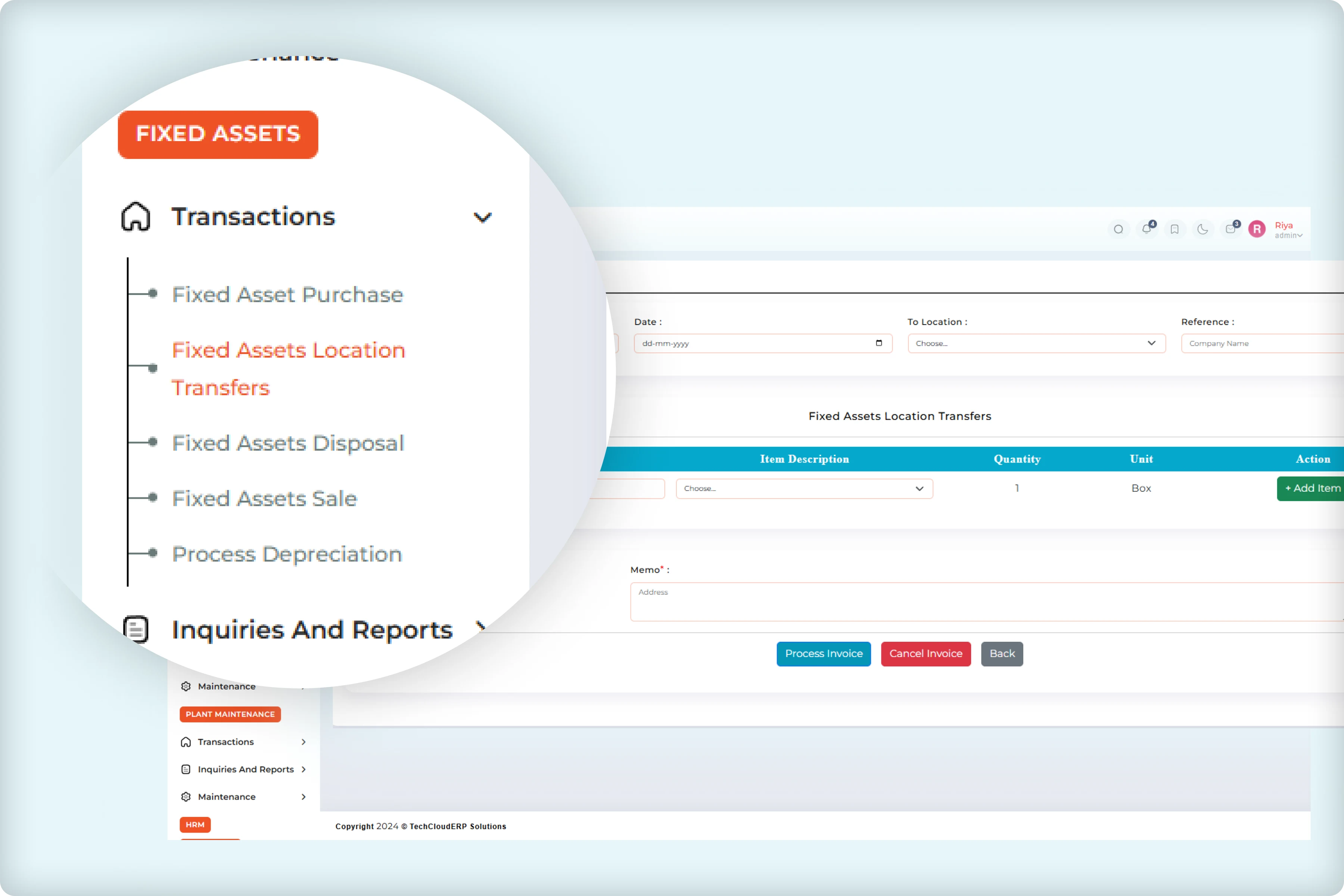 Fixed assets dashboard transactions transfers