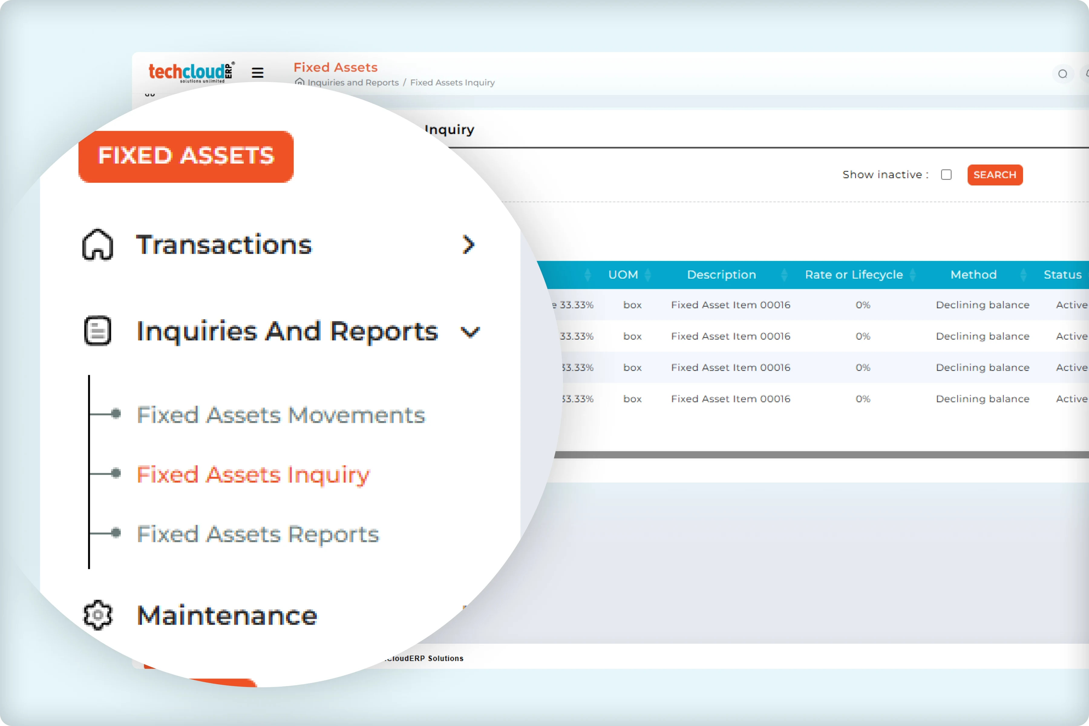 Fixed assets inquiry dashboard reports