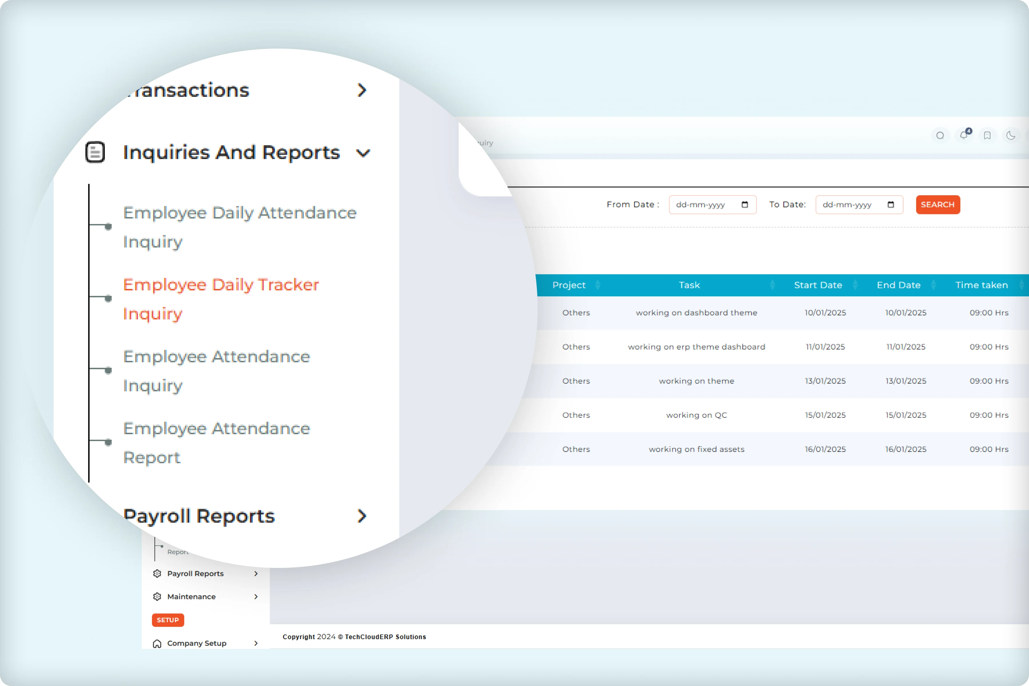 ERP payroll dashboard attendance reports