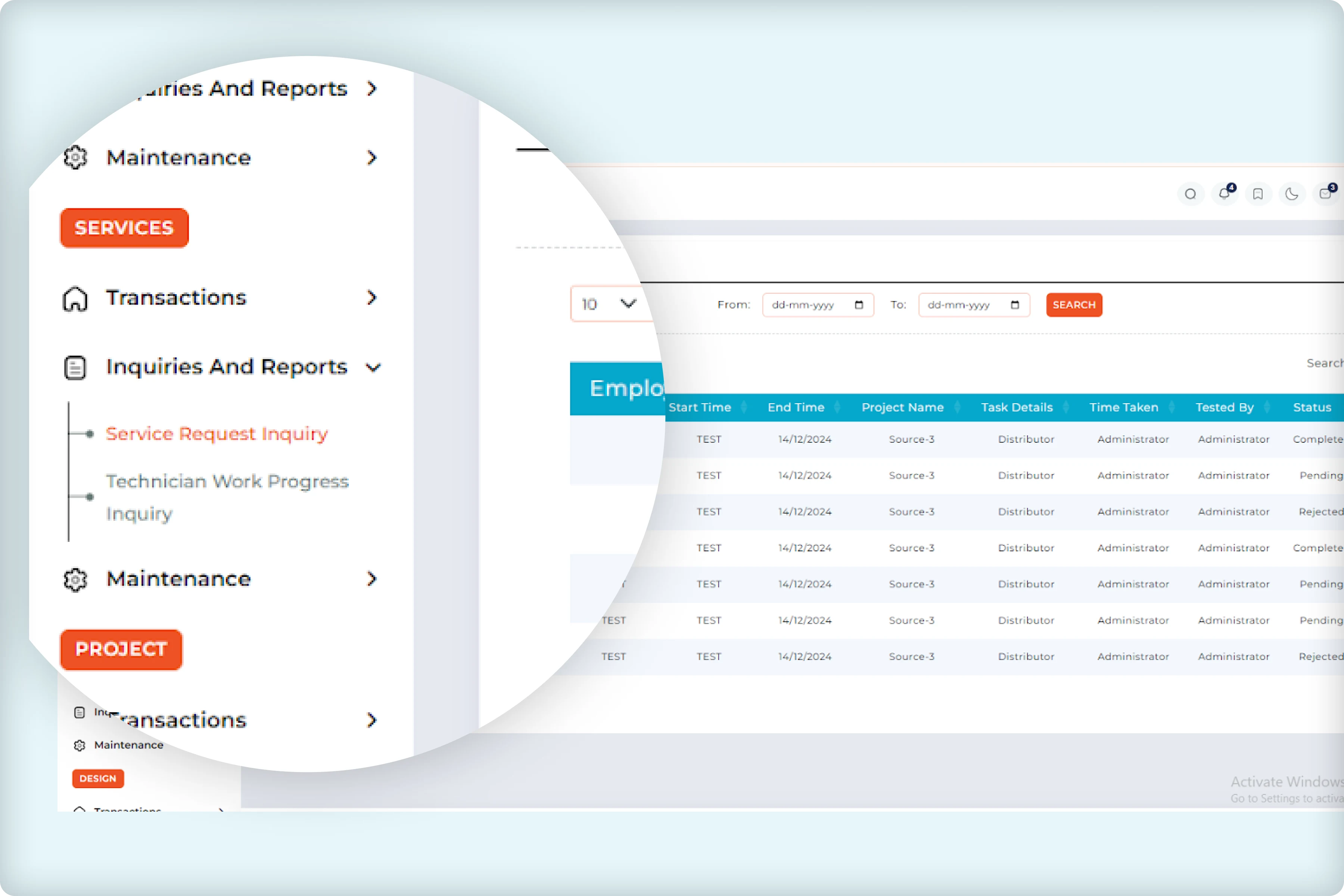 Service request management dashboard